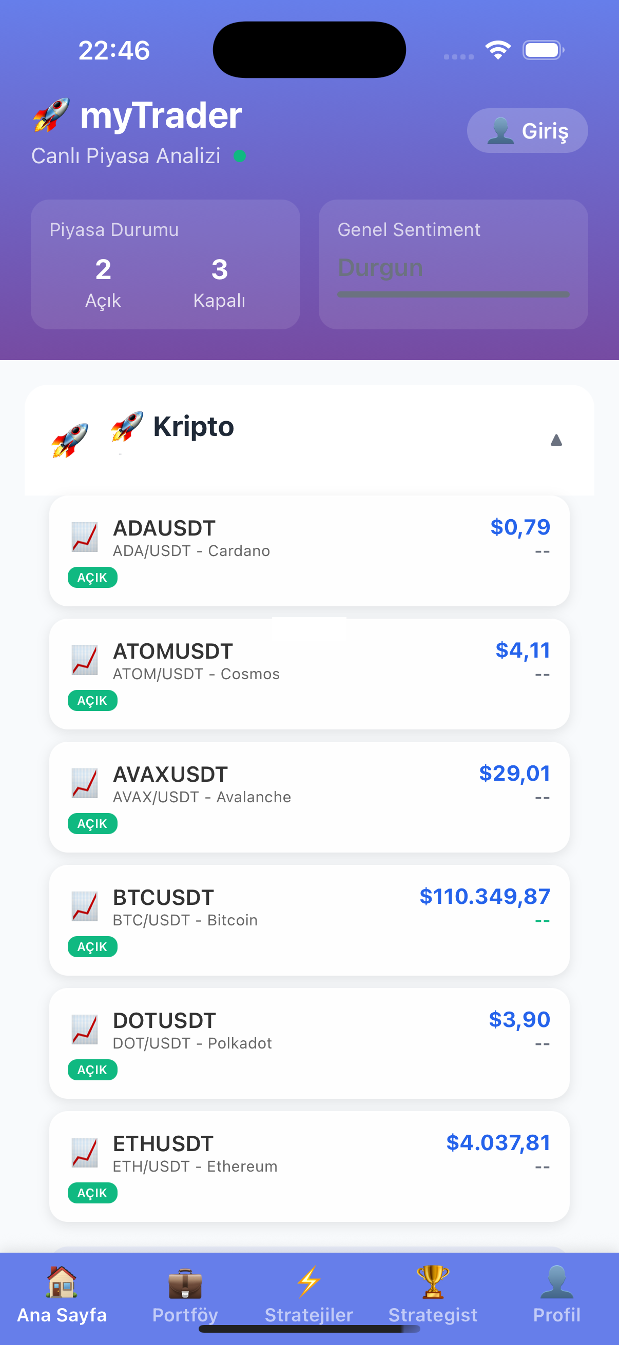 myTrader mobil uygulaması ekran görüntüsü - Kripto para fiyatları ve piyasa analizi